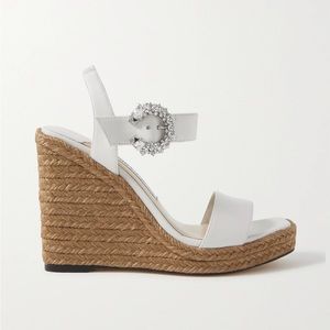 Jimmy Choo "Mirabelle" leather espadrille sandals.
4.3" braided-jute wedge heel.